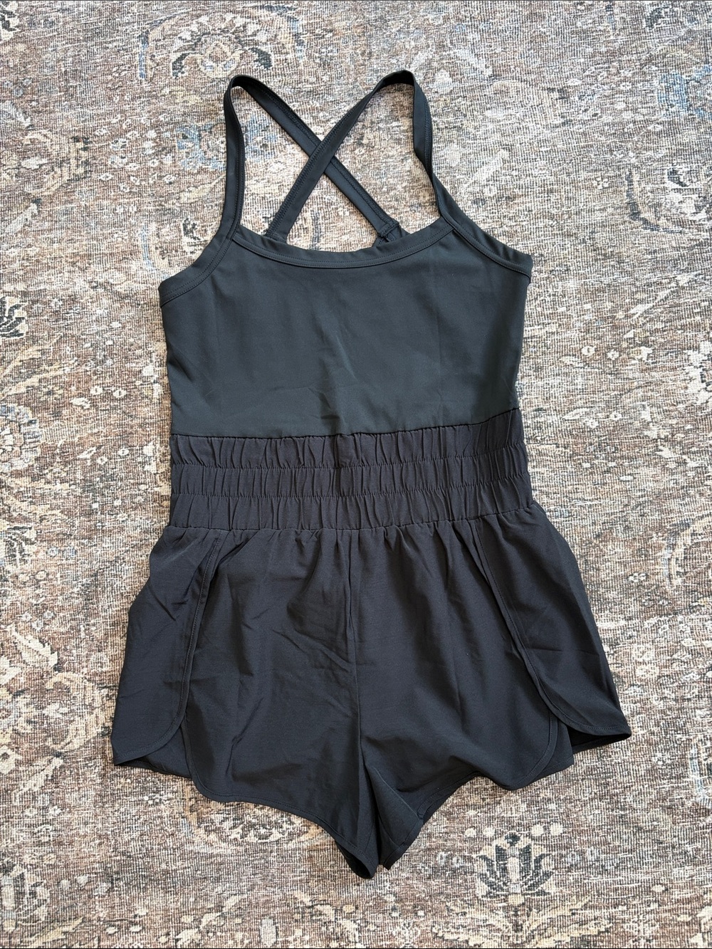 Women's Black Smocked-Waist Athletic Romper
